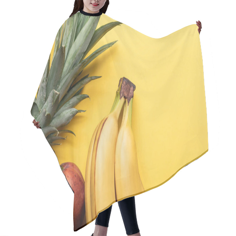 Personality  Top View Of Whole Ripe Bananas, Pineapple And Mango On Yellow Background Hair Cutting Cape