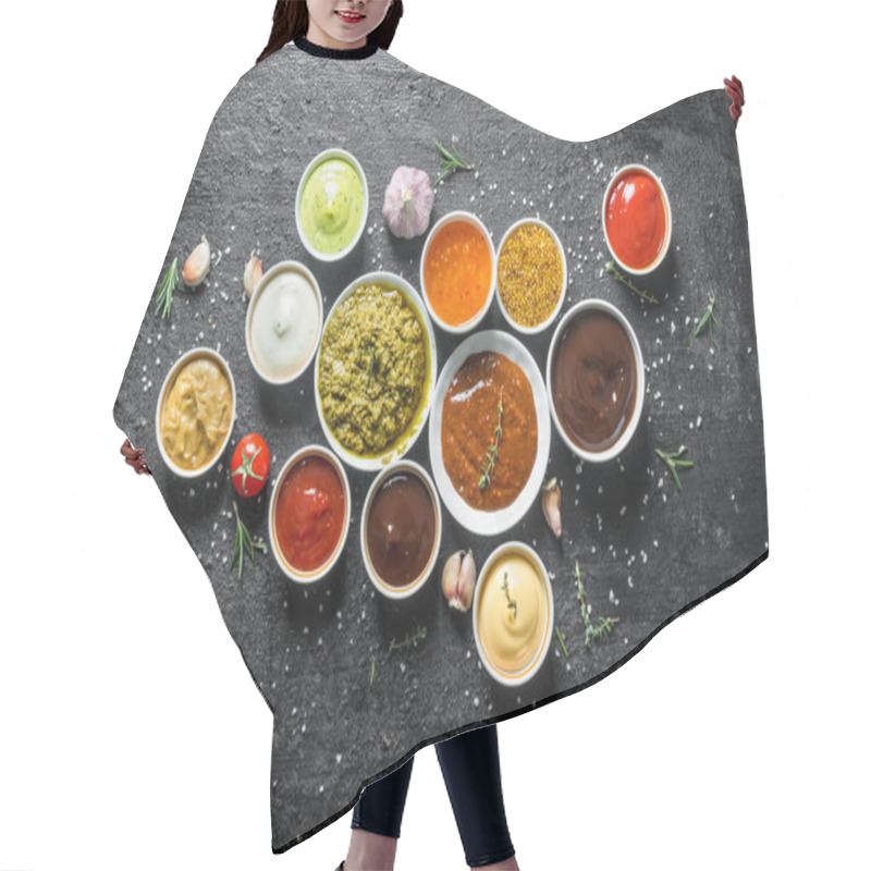 Personality  Set Of Sauces - Tomato Sauce, Pesto, Mustard, Barbecue Sauce, Guacomole, Mayonnaise. On Black Rustic Background Hair Cutting Cape