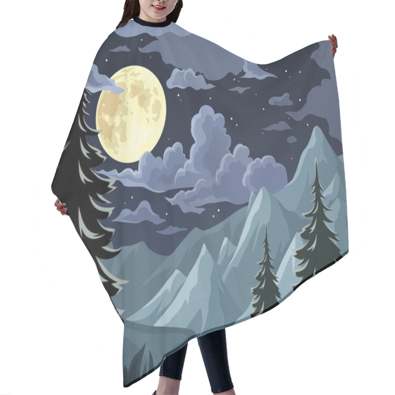 Personality  Night Landscape With Trees, Mountains And Full Moon. Vector Illustration. Hair Cutting Cape