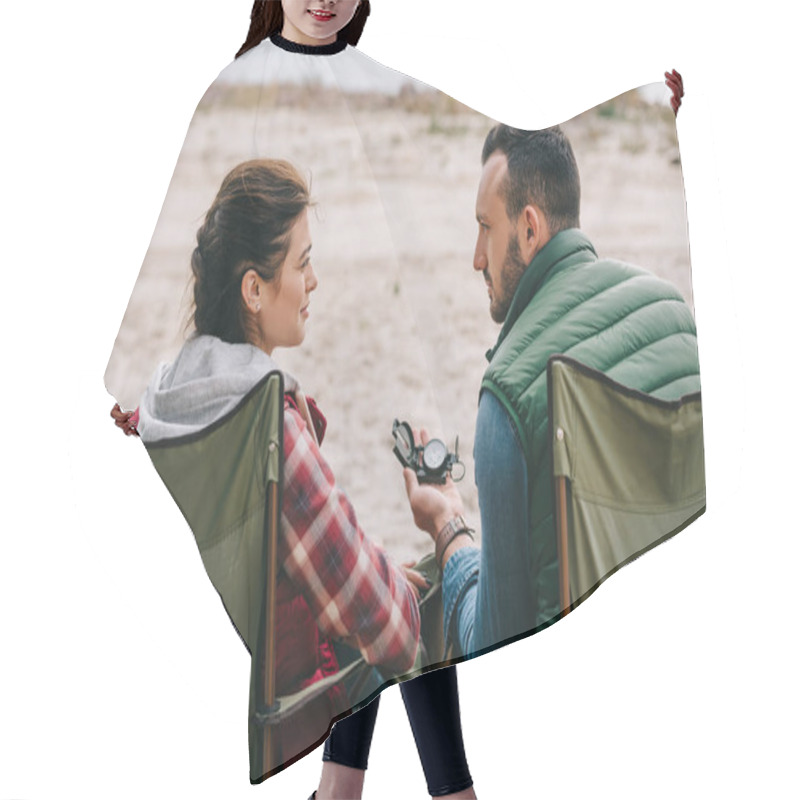 Personality  Back View Of Couple With Compass Resting On Chairs While Having Camping Hair Cutting Cape