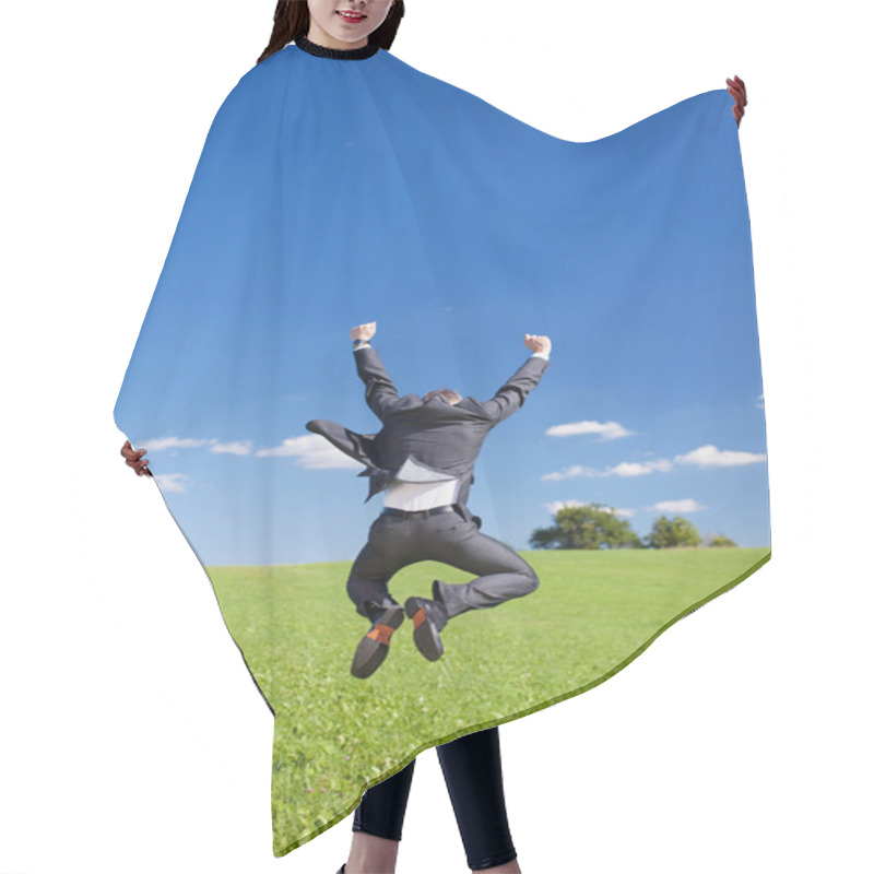 Personality  Jubilant Businessman Jumping For Joy Hair Cutting Cape