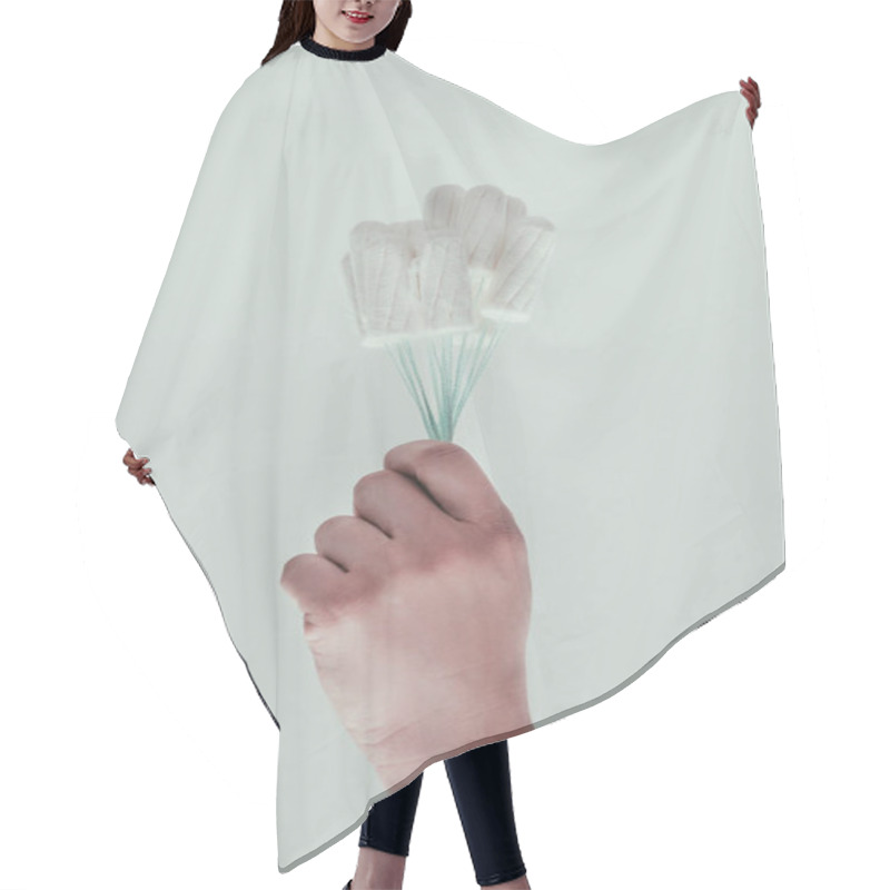 Personality  Partial View Of Woman Holding Tampons In Hand Isolated On Grey Hair Cutting Cape