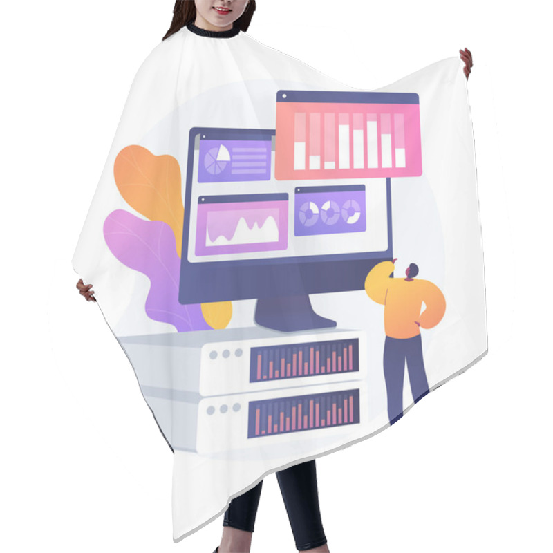 Personality  Dashboard Analytics. Computer Performance Evaluation. Chart On Screen, Statistics Analysis, Infographic Assessment. Business Report On Display. Vector Isolated Concept Metaphor Illustration. Hair Cutting Cape