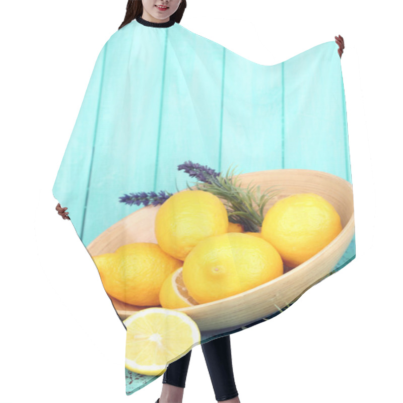 Personality  Still Life With Fresh Lemons And Lavender On Blue Background Hair Cutting Cape