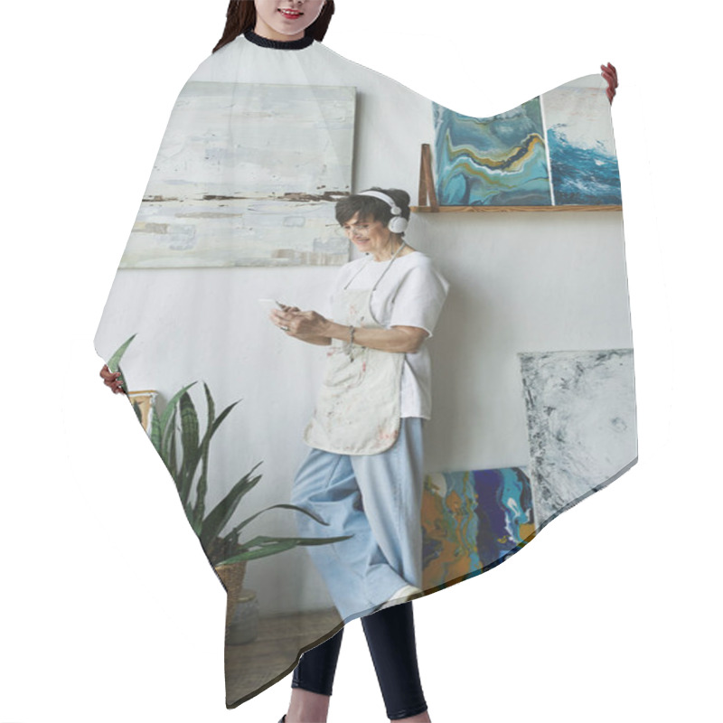 Personality  She Relaxes In Her Studio, Absorbed In Creativity And Music. Hair Cutting Cape