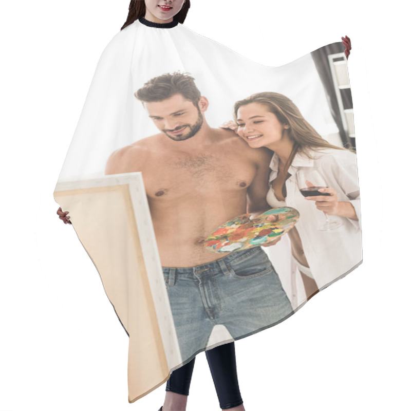 Personality  Sexy Man Drawing While Girl Standing Near Boyfriend, Smiling And Holding Glass With Wine Hair Cutting Cape