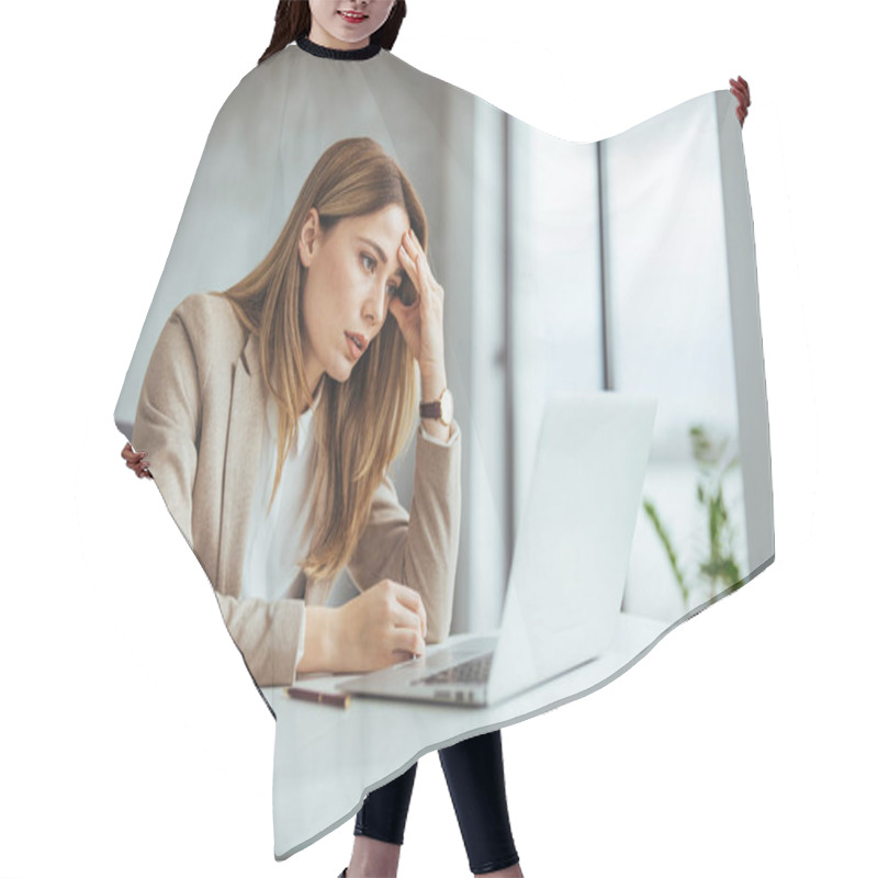 Personality  Exhausted Businesswoman Having A Headache In Modern Office. Mature Creative Woman Working At Office Desk With Spectacles On Head Feeling Tired. Stressed Casual Business Woman Feeling Eye Pain While Overworking On Desktop Computer. Hair Cutting Cape