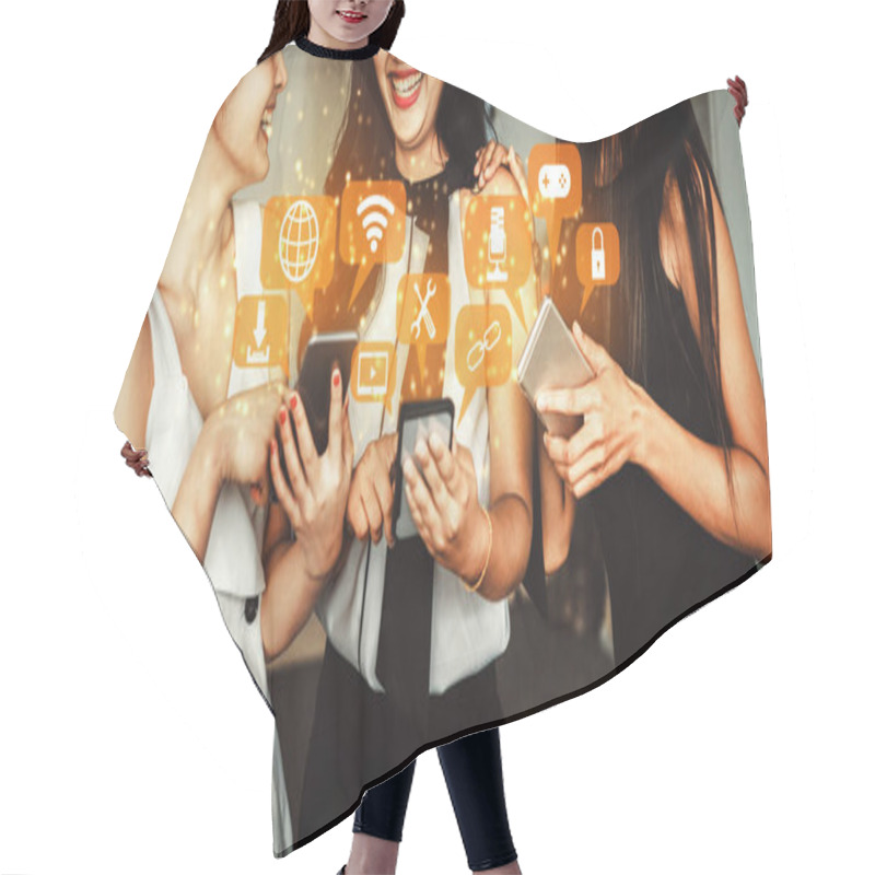 Personality  Multimedia And Computer Applications Concept. Business People Using Technology Of Digital Gadget With Modern Interface Showing Social, Shopping, Camera And Multimedia Application On Device. Uds Hair Cutting Cape