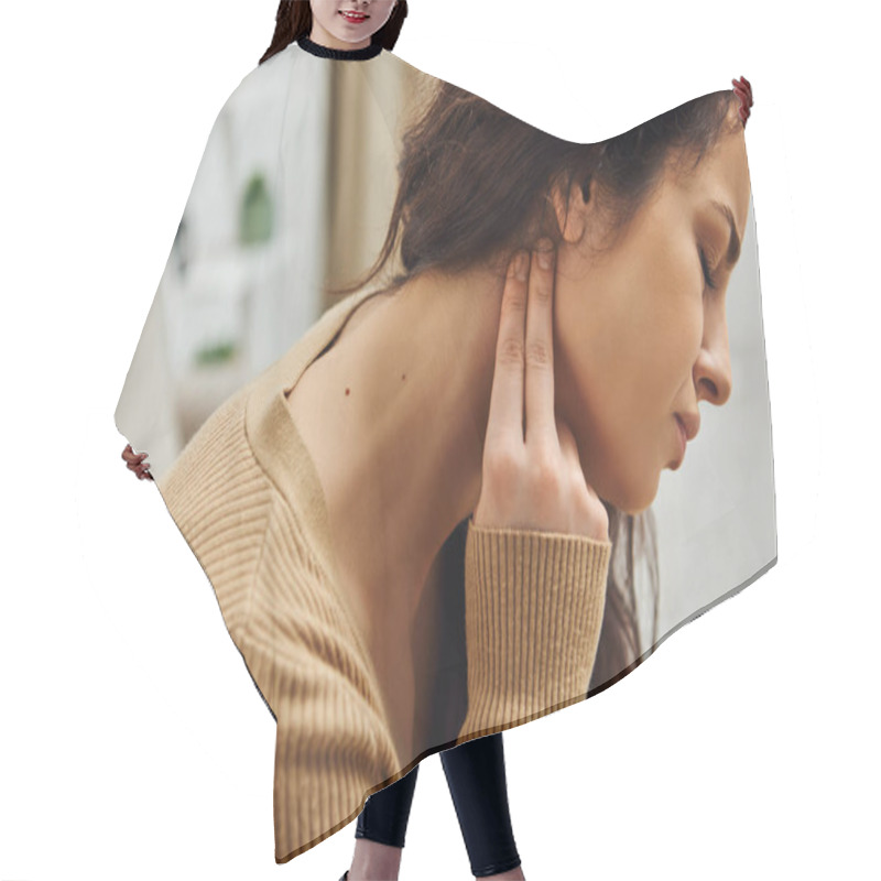 Personality  Side View Of Young Brunette Woman Suffering From Pain While Doing Lymphatic Self-massage In Blurred House, Self-care Ritual And Holistic Healing Concept, Tension Relief, Balancing Energy Hair Cutting Cape