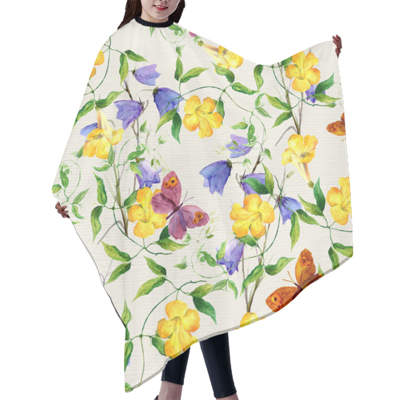 Personality  Yellow Flower, Bluebell, Butterflies. Repeating Floral Pattern Hair Cutting Cape