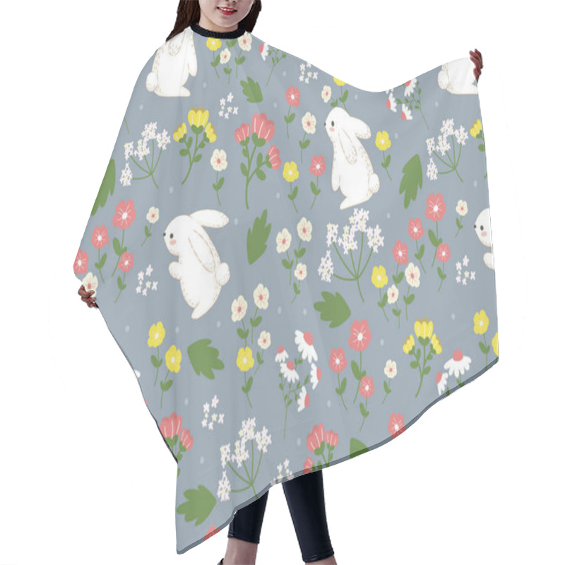 Personality  Bunny And Flowers Repeat Pattern. Beautiful Retro Background. Elegant Fabric On Light Background Surface Pattern Design. Hair Cutting Cape