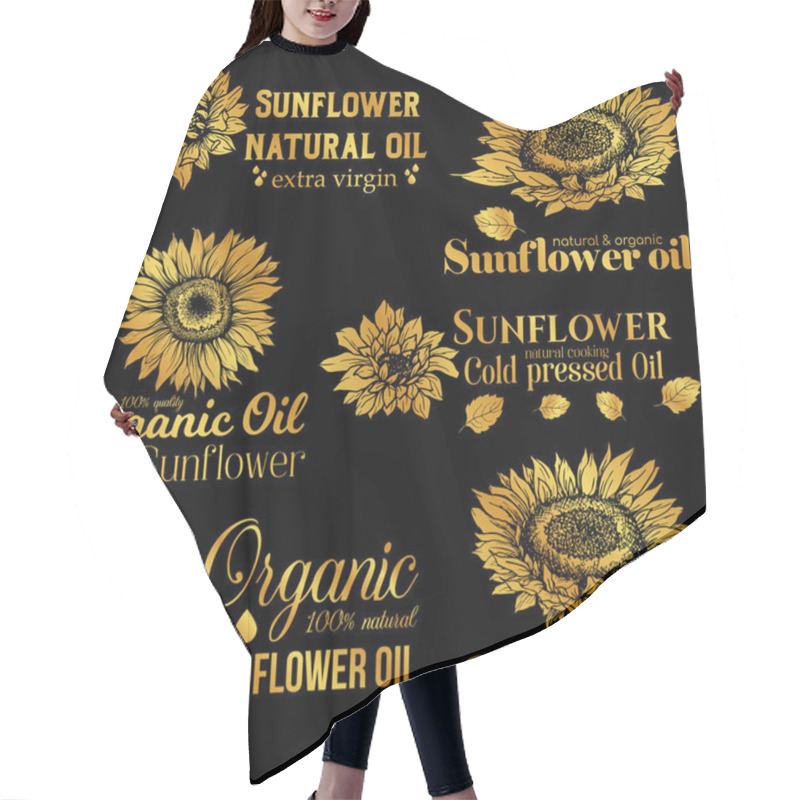 Personality  Golden Sunflower Oil Logos Set, Technology Wildflower Logo Templates For Brabding Identty. Gold Vector Isolated Flowers Hand Drawings With Lettering Hair Cutting Cape