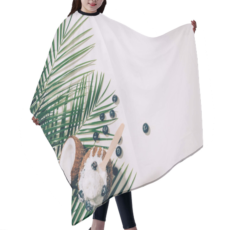 Personality  Top View Of Pieces Of Delicious Healthy Coconut And Green Palm Leaves On White   Hair Cutting Cape