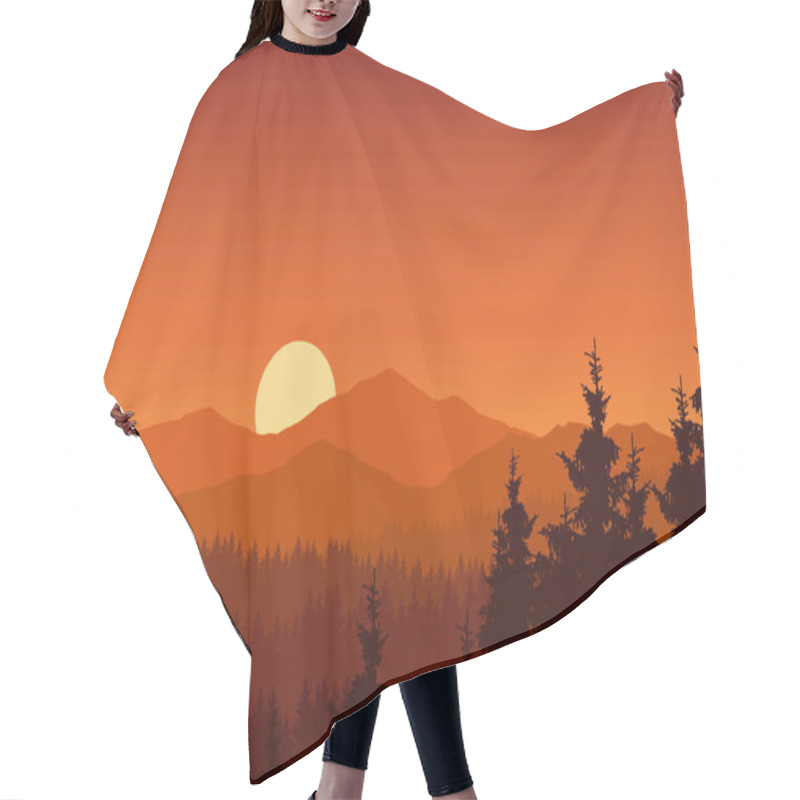 Personality  Vector Illustration Of Mountain Landscape With Forest Under Orange Sky With Rising Sun Hair Cutting Cape