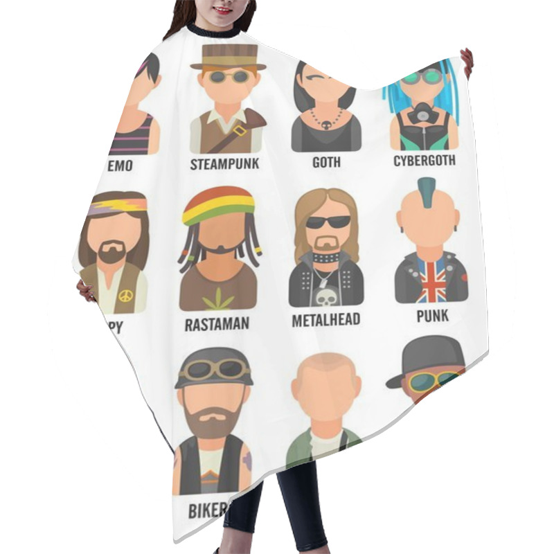 Personality  Set Icon Different Subcultures People. Hipster, Raper, Emo, Rastafarian, Punk, Biker, Goth, Hippy, Metalhead, Steampunk, Skinhead, Cybergoth. Hair Cutting Cape