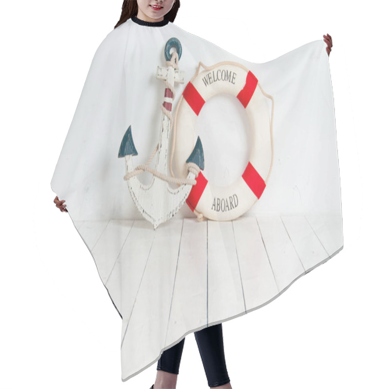 Personality  Anchor And Life Buoy On A White Wooden Floor Hair Cutting Cape