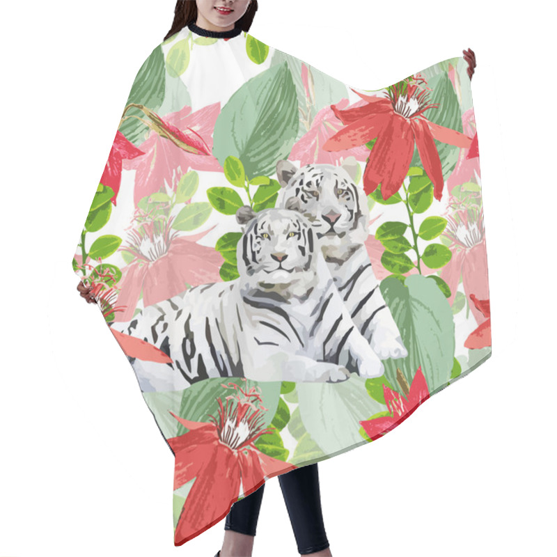 Personality  A Pair White Tigers And Flowers Hair Cutting Cape