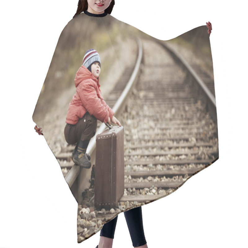 Personality  Boy Sitting In A Suitcase Near The Railway Journey Hair Cutting Cape