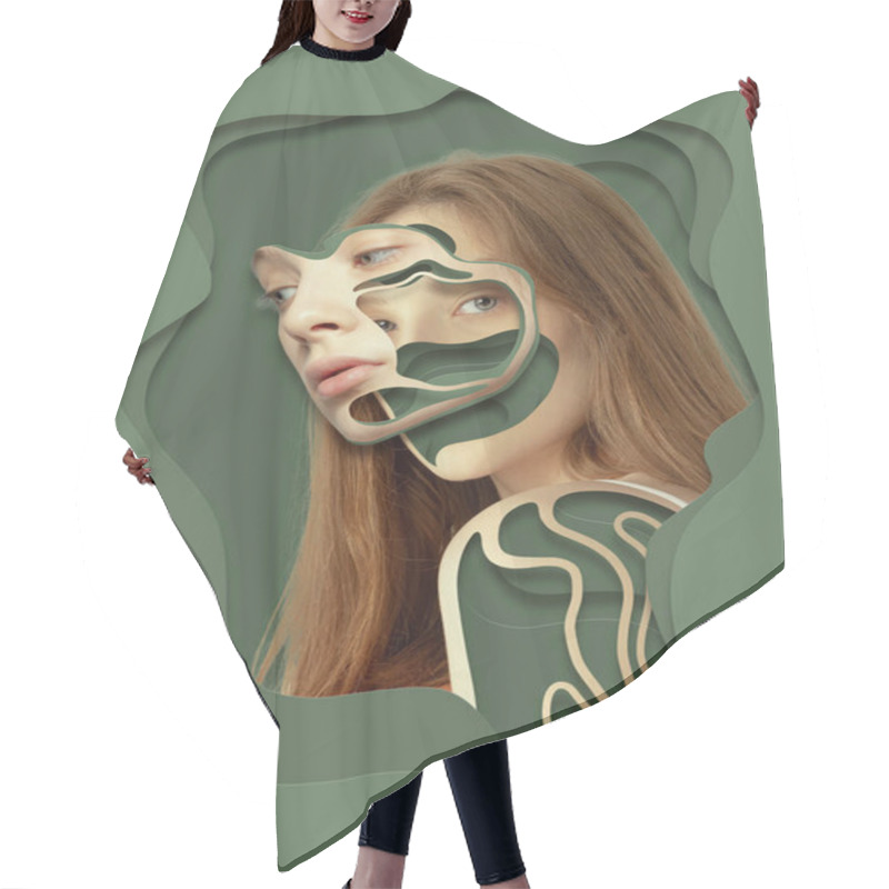 Personality  Creative Portrait Of Young Sad Woman Over Green Background. Poster Graphics. Ideas, Inspiration, Fashion. Human Emotions, Facial Expression, Psychology Of Personality Concept. Monochrome, Minimalism Hair Cutting Cape