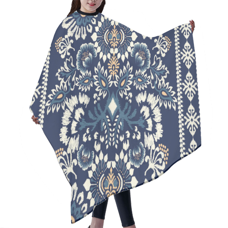 Personality  Ikat Floral Paisley Embroidery On Navy Blue Background.Ikat Ethnic Oriental Pattern Traditional.Aztec Style Abstract Vector Illustration.design For Texture,fabric,clothing,wrapping,decoration,carpet. Hair Cutting Cape