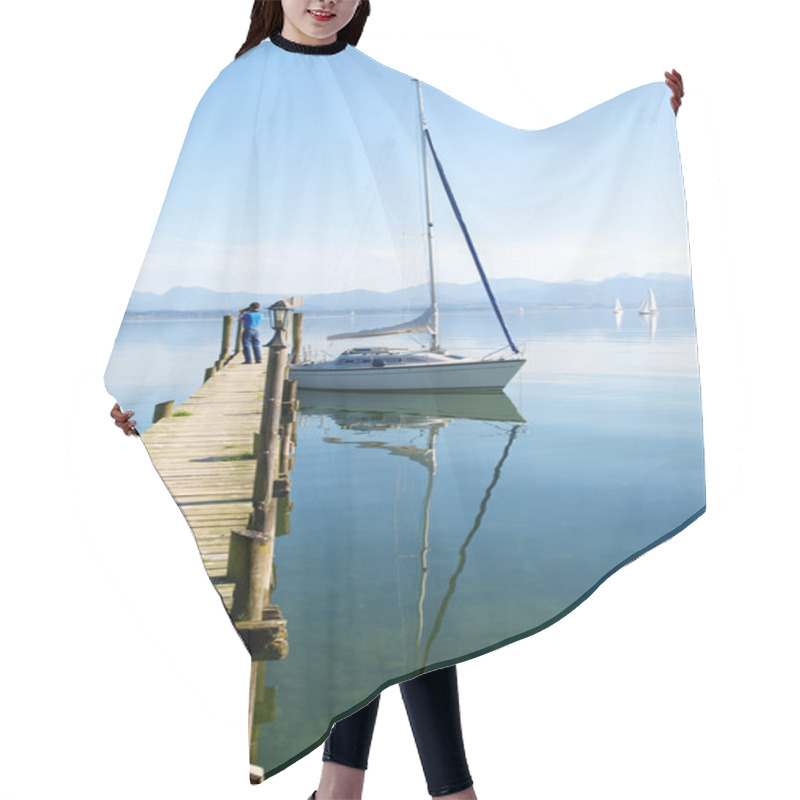 Personality  Sailing Boat And Reflection In Peaceful Lake Pier Hair Cutting Cape