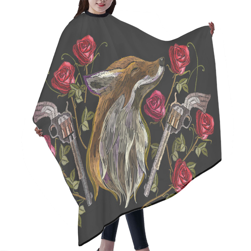 Personality  Embroidery Red Fox, Roses And Gums. Template For Clothes, Textiles, T-shirt Design. Criminal Art Hair Cutting Cape