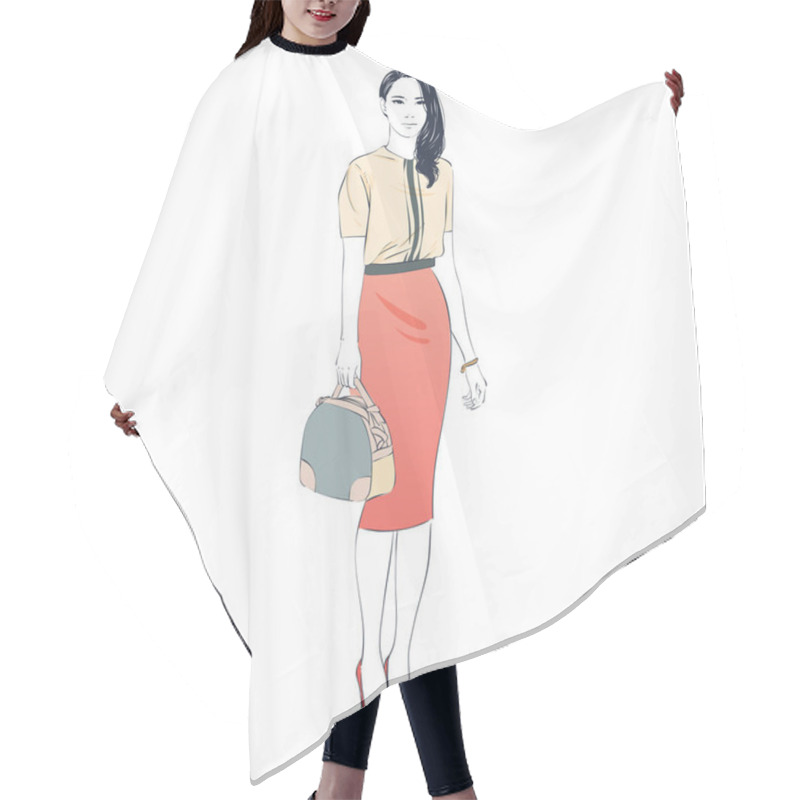 Personality  Beautiful Young Women In A Fashion Retro Clothes Midi Pencil Skirt With Bag On High Heels. Vector Hand Drawn Illustration. Hair Cutting Cape