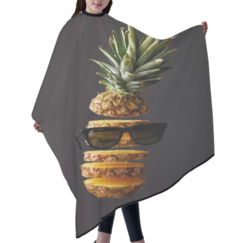 Personality  Close Up View Of Cut Ripe Pineapple And Sunglasses Isolated On Black Hair Cutting Cape