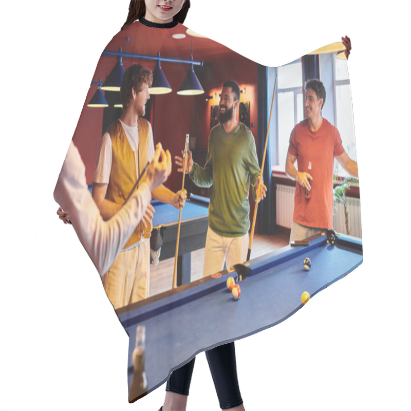 Personality  Friends Enjoying A Casual Night Of Billiards. Hair Cutting Cape