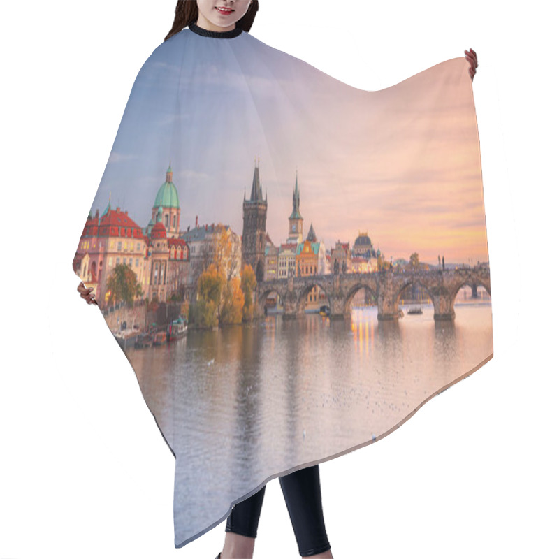 Personality  Prague, Czech Republic. Panoramic Cityscape Image Of Famous Charles Bridge In Prague During Beautiful Autumn Sunset. Hair Cutting Cape