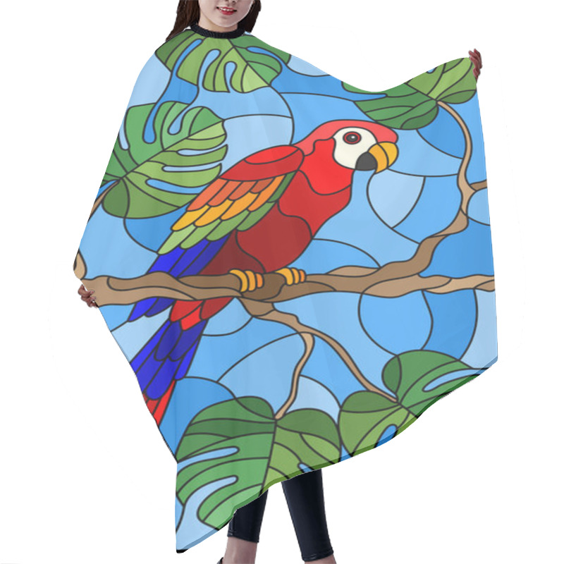 Personality  Illustration In Stained Glass Style Bird Parakeet On Branch Tropical Tree Against The Sky Hair Cutting Cape