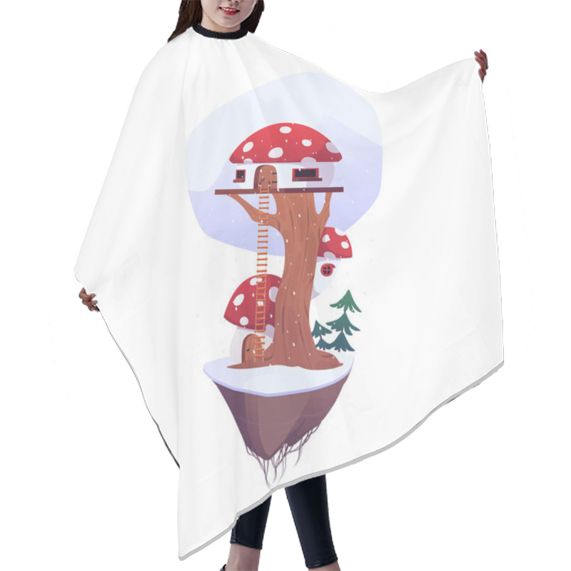 Personality  Game Island With Huts In Winter. Vector Flat Cartoon Cute Fairy Tale Village Houses With Stairs And Fly Agaric Roof On The Tree Trunk. Rural Village Wooden Dwelling On Floating Rock Land Hair Cutting Cape