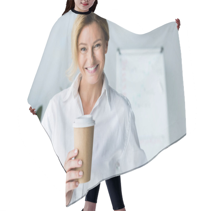 Personality  Smiling Attractive Businesswoman Holding Disposable Coffee Cup In Office And Looking At Camera Hair Cutting Cape