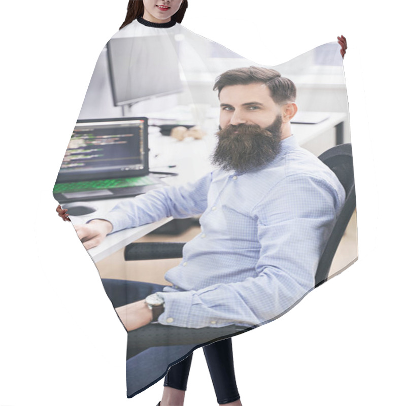 Personality  Cheerful Senior Programmer Developer Working In IT Office, Sitting At Desk And Coding, Working On A Project In Software Development Company Or Startup. High Quality Image. Hair Cutting Cape