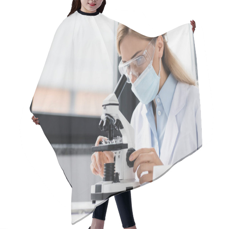 Personality  Scientist In Medical Mask And Goggles Looking Through Microscope Hair Cutting Cape