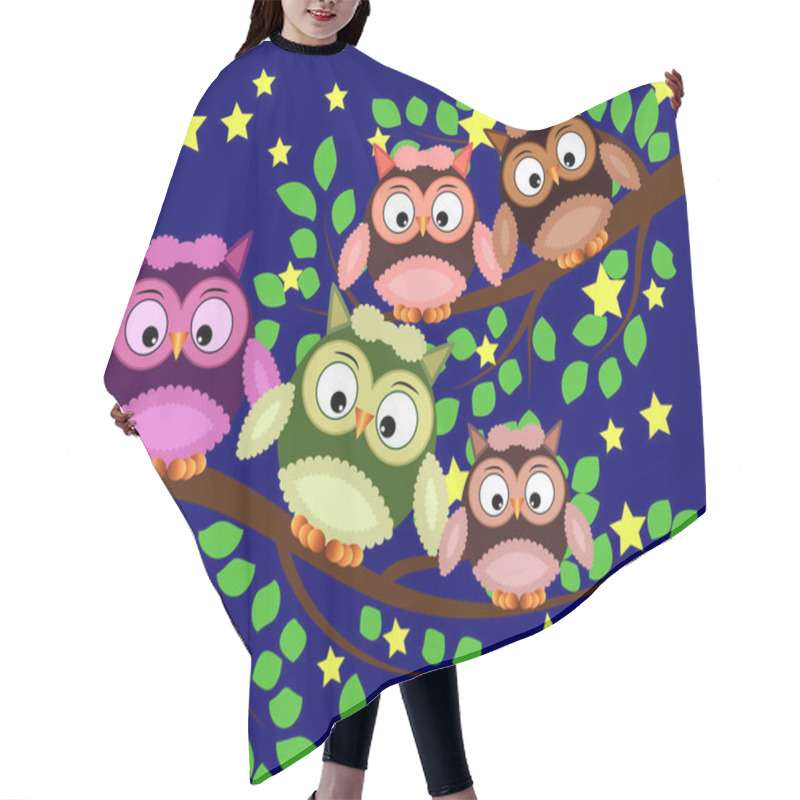 Personality  Bright Cute Cartoon Owls Sit On The Flowering Branches Of Fantastic Trees Hair Cutting Cape