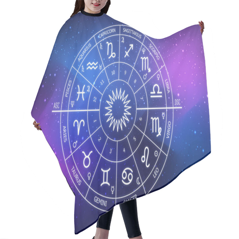 Personality  Zodiac Circle On The Background Of The Dark Cosmos. Astrology. The Science Of Stars And Planets. Esoteric Knowledge. Ruler Planets. Twelve Signs Of The Zodiac Hair Cutting Cape