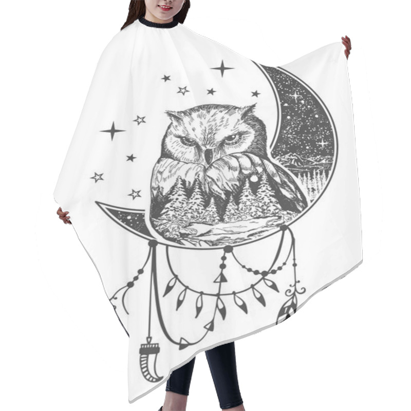 Personality  Vector Boho Owl Tattoo Or T-shirt Print Design Hair Cutting Cape