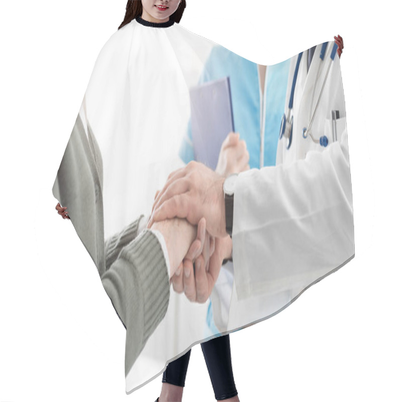 Personality  Professional Doctor Holding A Senior Patient's Hands Hair Cutting Cape