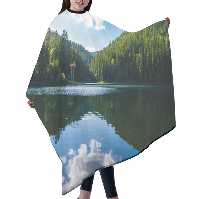 Personality  Synevyr Lake On Summer Evening. Beautiful Scenery Among The Forest. Reflection Of A Cloud In A Rippled Water Surface Hair Cutting Cape