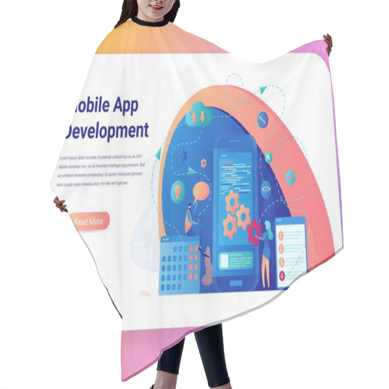 Personality  Mobile Application Development Bussines Banner. Woman Developer Change To Smartphone Program Algorithm Setting, Add Gear On Mobile Screen. User With Laptop Download Remote Network Resource Hair Cutting Cape