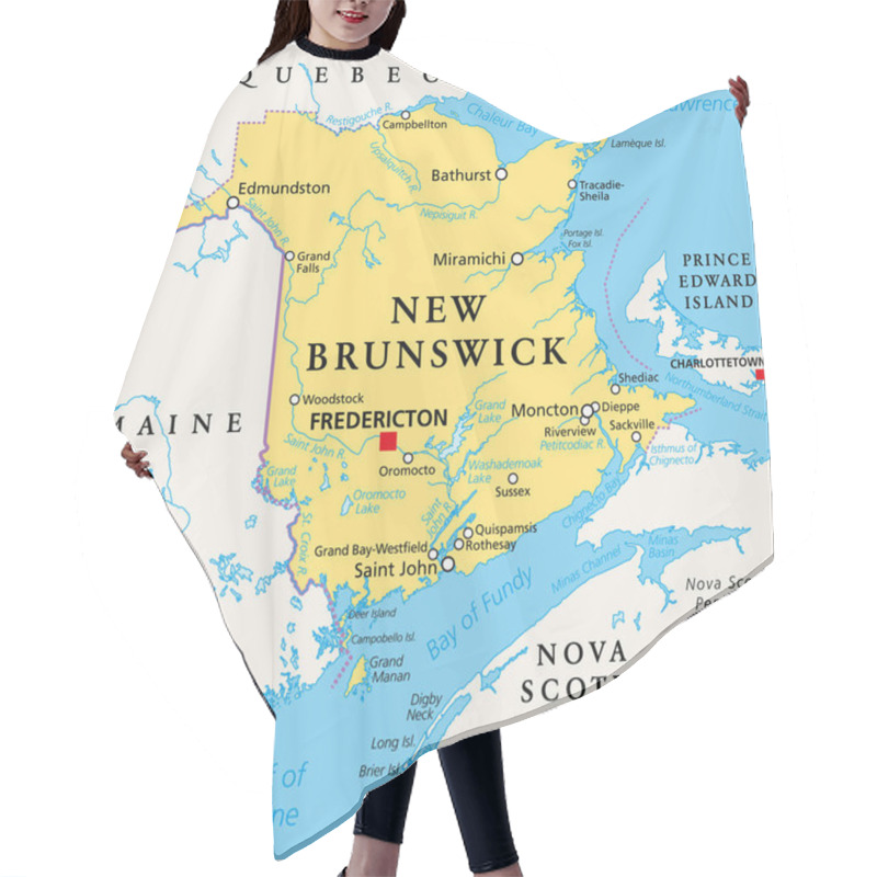 Personality  New Brunswick, Maritime And Atlantic Province Of Canada, Political Map. Bordered To Quebec, Nova Scotia, Gulf Of St. Lawrence, Bay Of Fundy And US State Maine, With Capital Fredericton. Illustration. Hair Cutting Cape