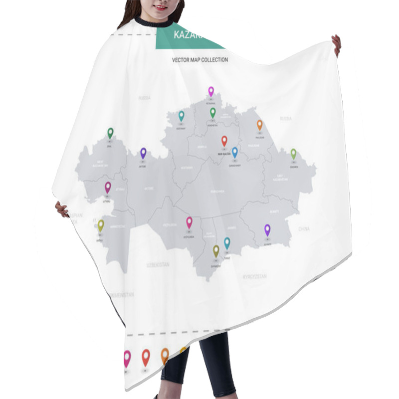 Personality  Kazakhstan Map With Location Pointer Marks. Infographic Vector Template, Isolated On White Background.  Hair Cutting Cape