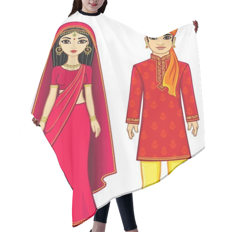 Personality  Animation Indian Family. Full Growth. Isolated On A White Background. Hair Cutting Cape