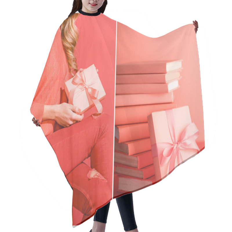 Personality  Collage With Living Coral Books And Elegant Girl With Gift. Pantone Color Of The Year 2019 Concept Hair Cutting Cape