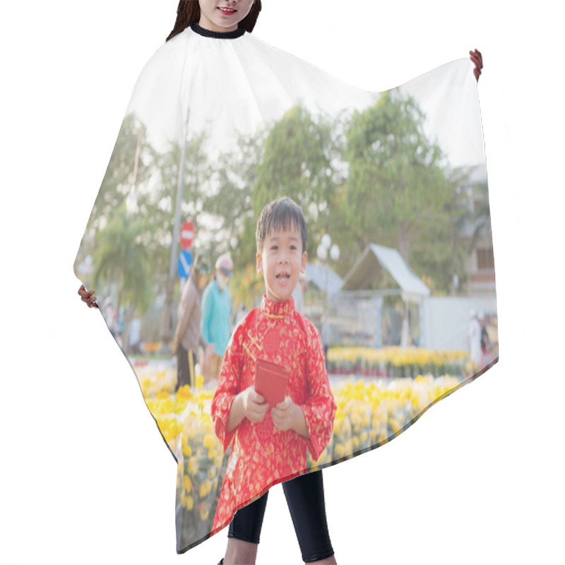 Personality  Portrait Of A Asian Boy On Traditional Festival Costume. Cute Little Vietnamese Boy In Ao Dai Dress Smiling. Tet Holiday. Lunar New Year Vietnam Hair Cutting Cape