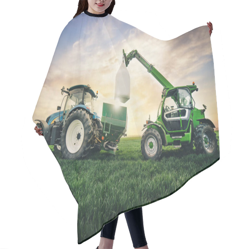 Personality  Crane Puts A Sack Of Fertilizer On A Trailer In The Field In The Spring Hair Cutting Cape