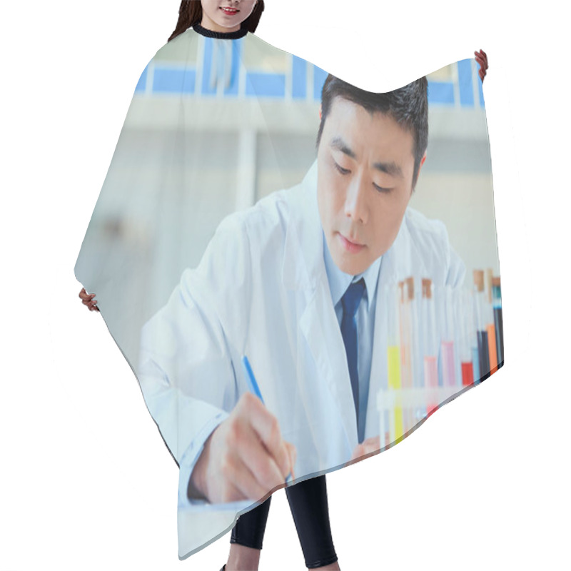 Personality  Asian Doctor Working At Testing Laboratory Hair Cutting Cape