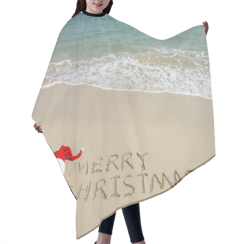 Personality  Merry Christmas Written On Tropical Beach White Sand With Xmas S Hair Cutting Cape