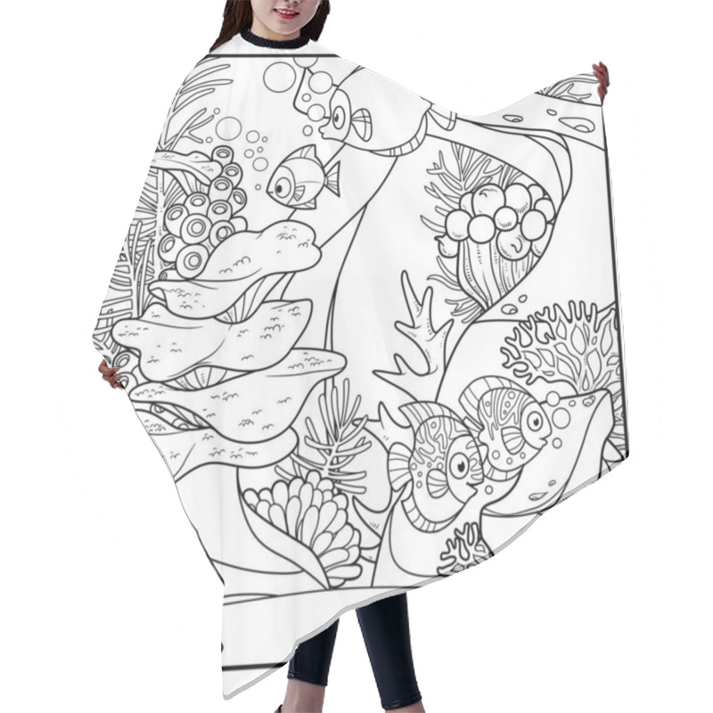 Personality  Cartoon Underwater World With Corals And Anemones Grow On Sandstone Arc And Fishes Outlined For Coloring Isolated On White Background Hair Cutting Cape